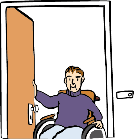 Ein Mann im Rollstuhl öffnet seine Wohnungstür.